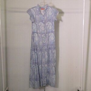 Oliphant Ruffle Collar Button Maxi – White and Blue, Size S | NWT